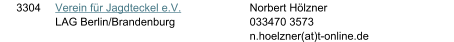 3304 Verein fr Jagdteckel e.V. LAG Berlin/Brandenburg Norbert Hlzner 033470 3573 n.hoelzner(at)t-online.de
